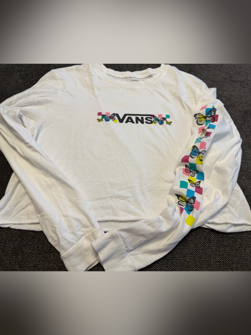 Vans White Long Sleeve Tee with Neon Checker & Butterfly Accents